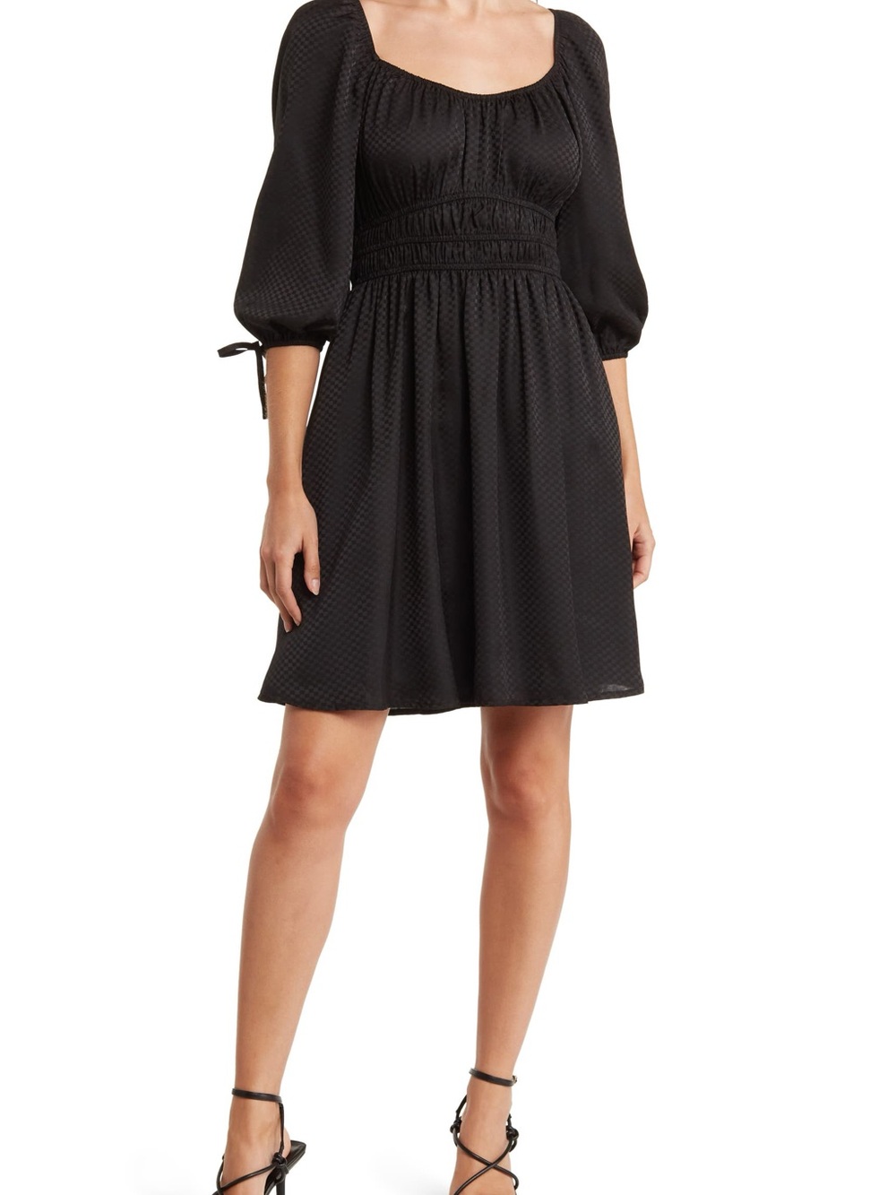 Blu Pepper Black Checker Smocked Puff-Sleeve Mini Dress
